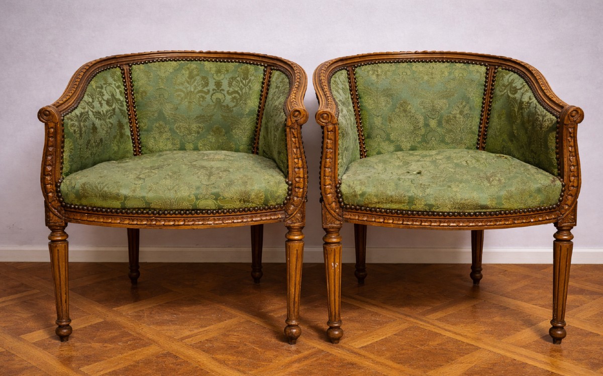 Pair Of Antique Louis XVI Style Armchairs – Green Damask Fabric    