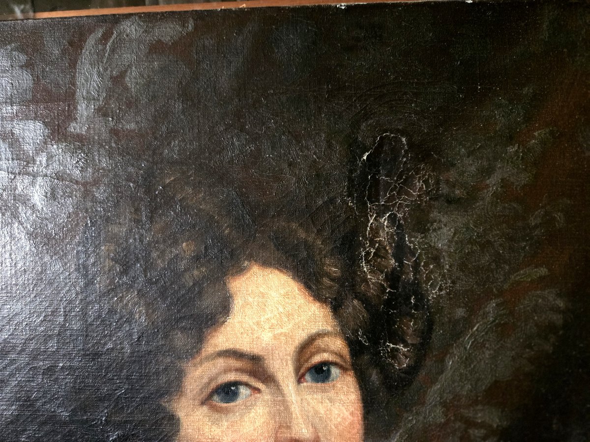 Portrait de jeune femme au collier de perles – Huile sur toile – Époque XIXe-photo-1