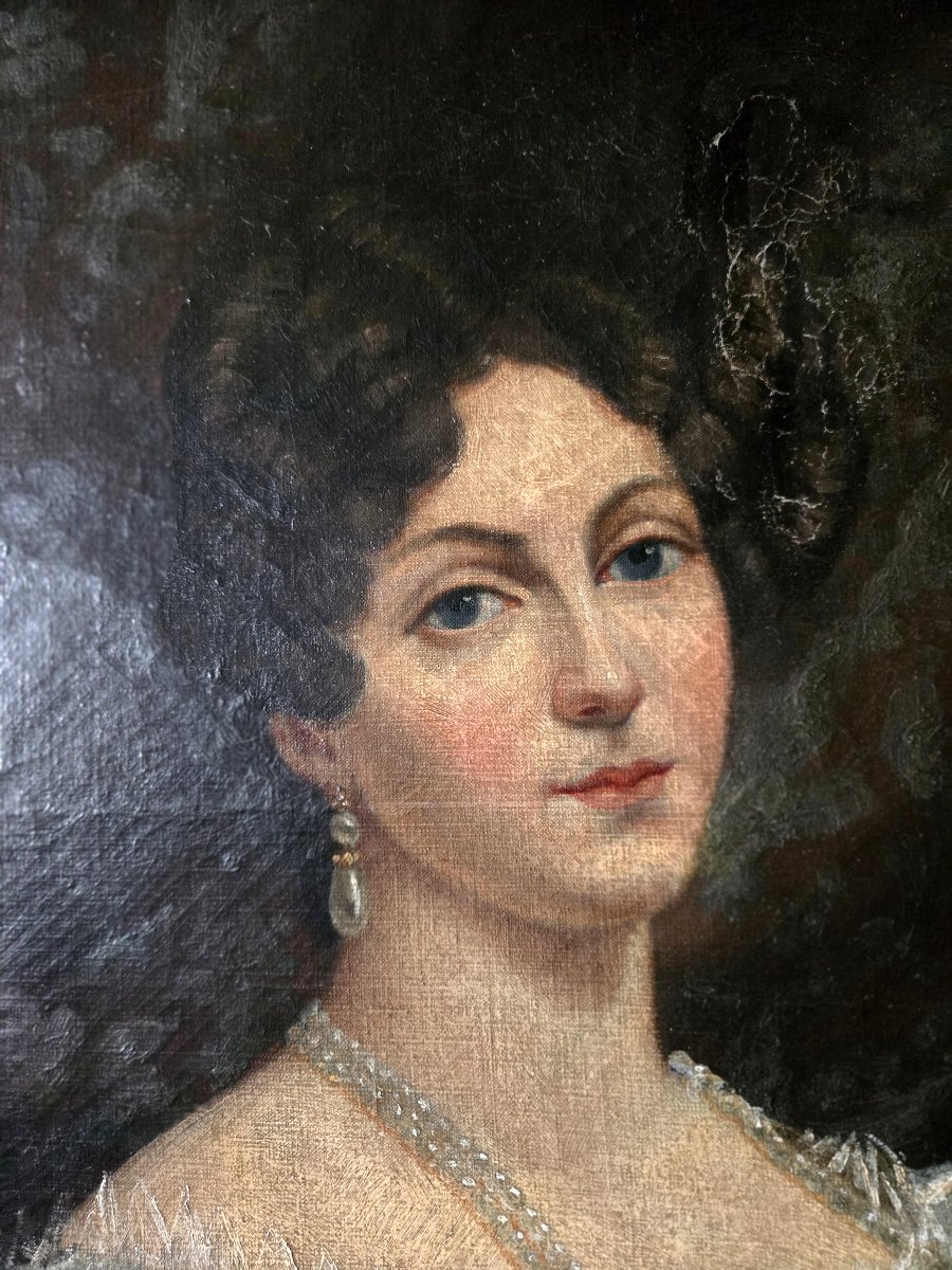 Portrait de jeune femme au collier de perles – Huile sur toile – Époque XIXe-photo-2