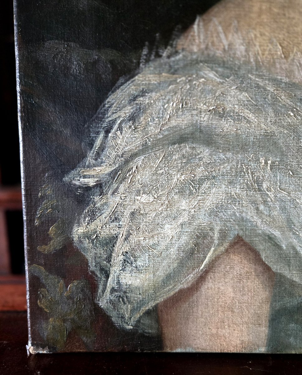 Portrait de jeune femme au collier de perles – Huile sur toile – Époque XIXe-photo-3