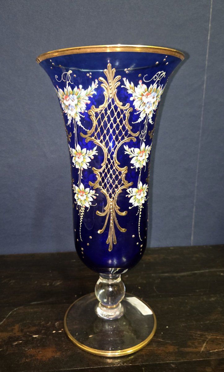 Grand vase en verre de Murano – bleu cobalt & décor doré – H 32 cm  -photo-2