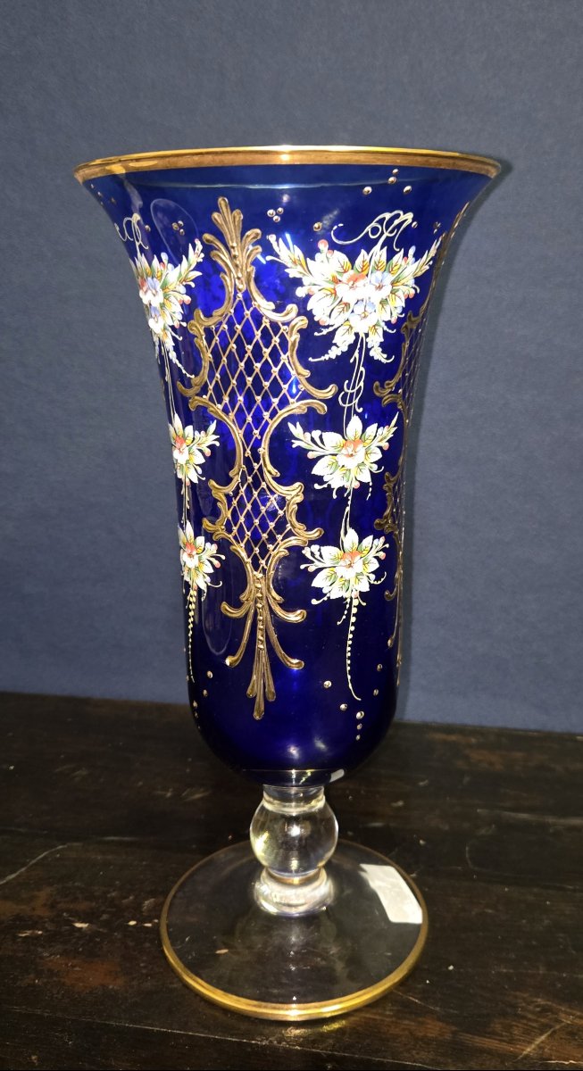 Grand vase en verre de Murano – bleu cobalt & décor doré – H 32 cm  -photo-3