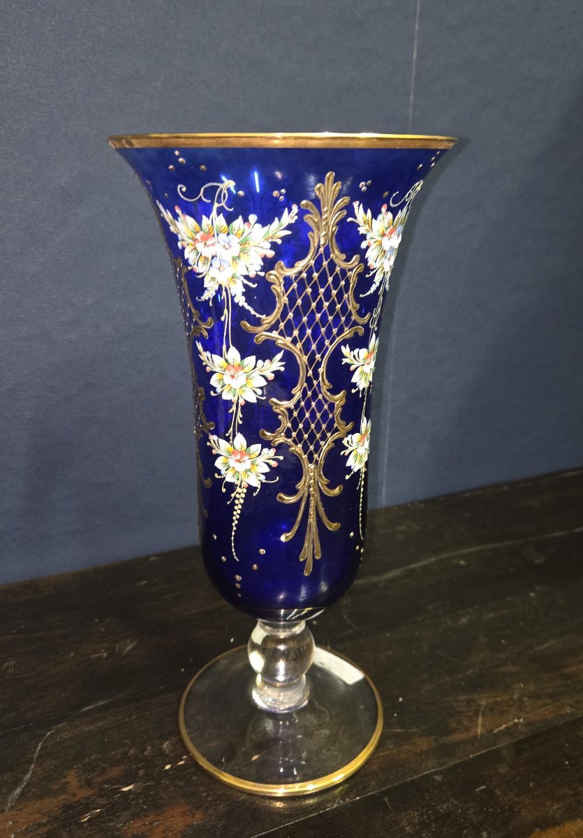 Grand vase en verre de Murano – bleu cobalt & décor doré – H 32 cm  -photo-4