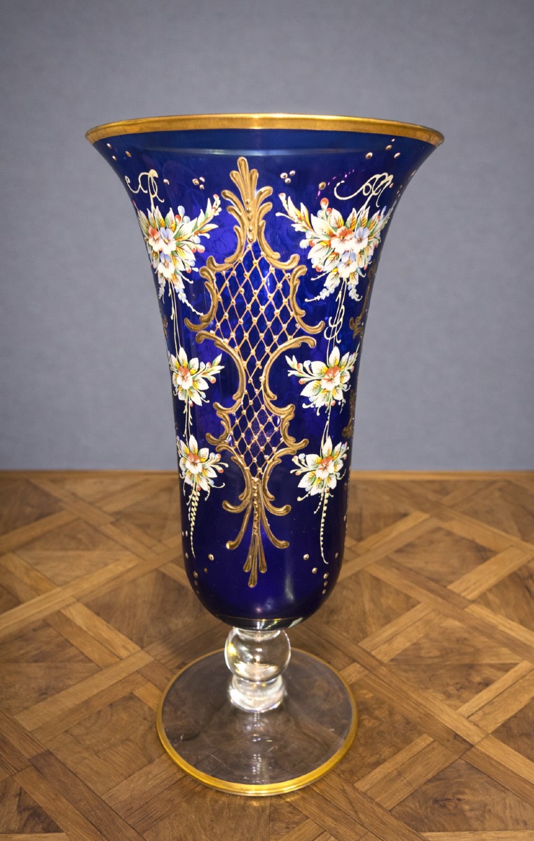Grand vase en verre de Murano – bleu cobalt & décor doré – H 32 cm  