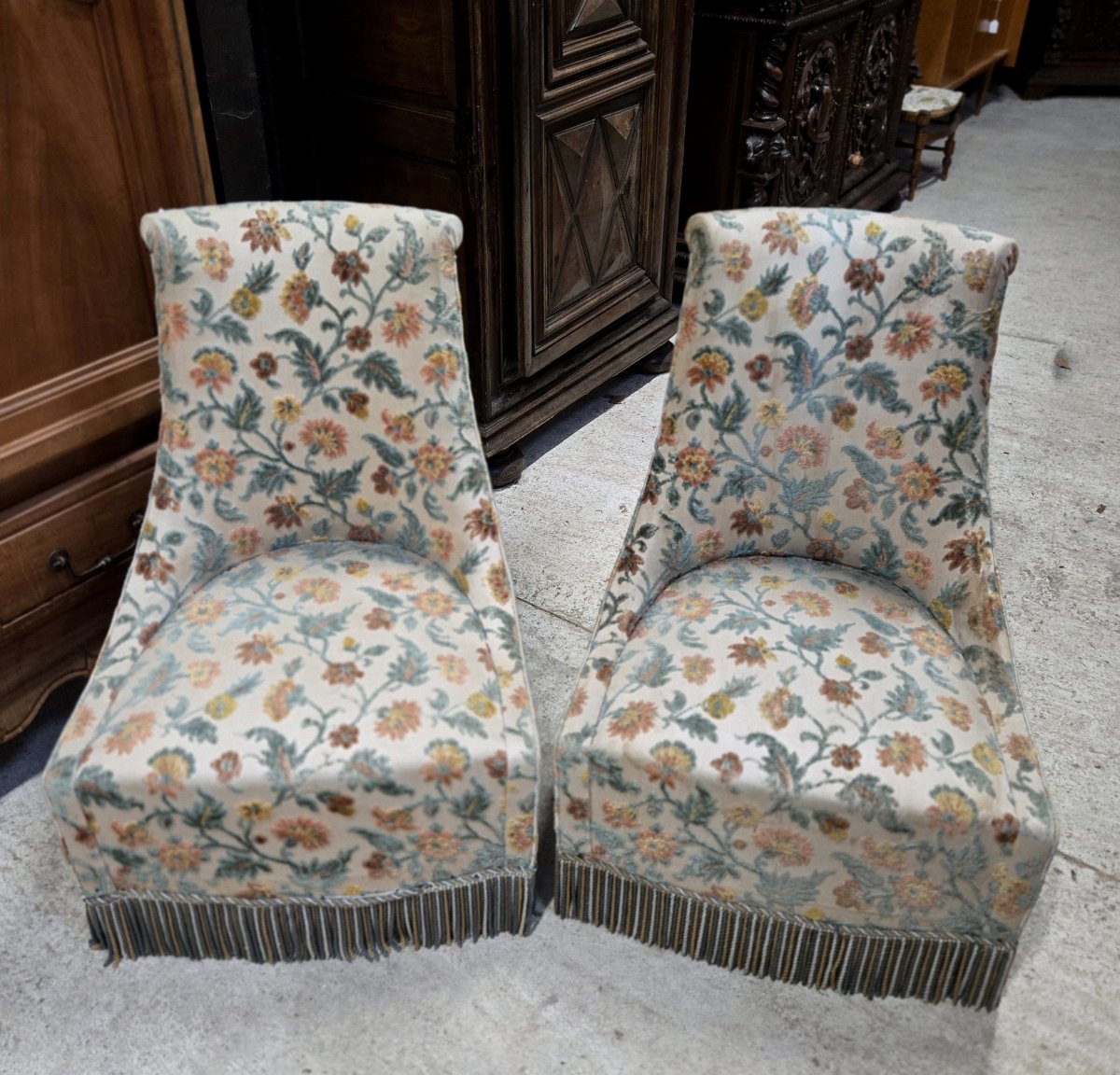Pair Of Toadstool Armchairs / Napoleon III Style – Floral Fabric – Fringed Skirt -photo-1