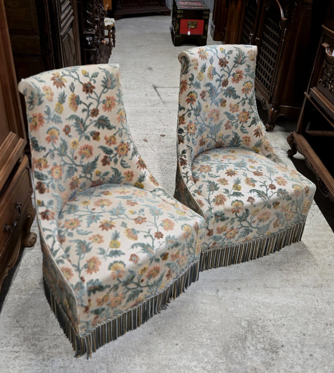 Pair Of Toadstool Armchairs / Napoleon III Style – Floral Fabric – Fringed Skirt -photo-2