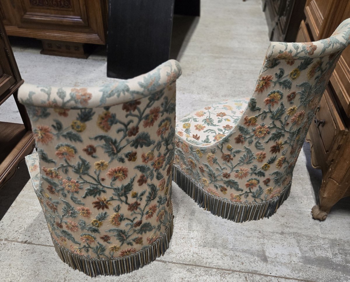 Pair Of Toadstool Armchairs / Napoleon III Style – Floral Fabric – Fringed Skirt -photo-5