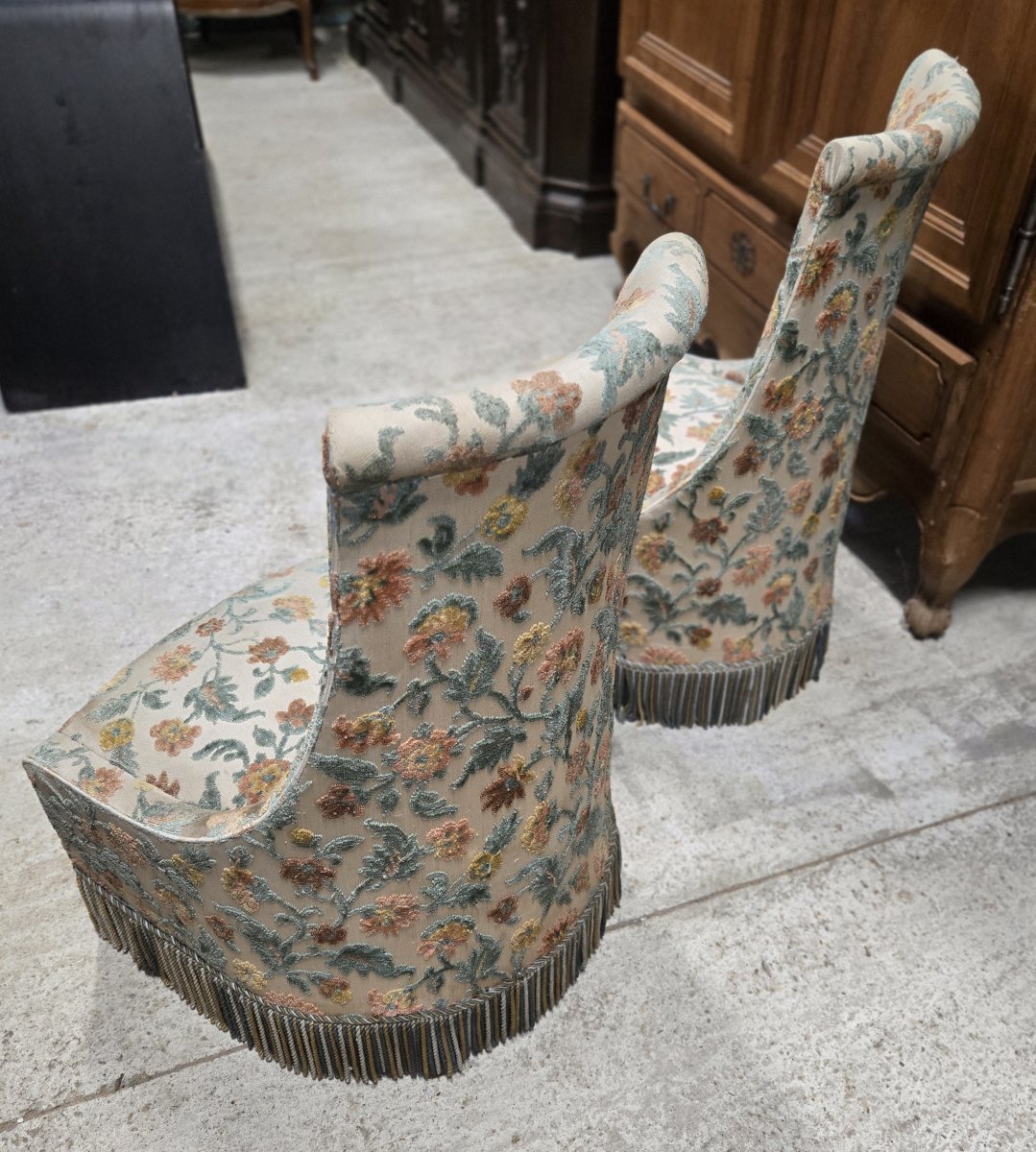 Pair Of Toadstool Armchairs / Napoleon III Style – Floral Fabric – Fringed Skirt -photo-6