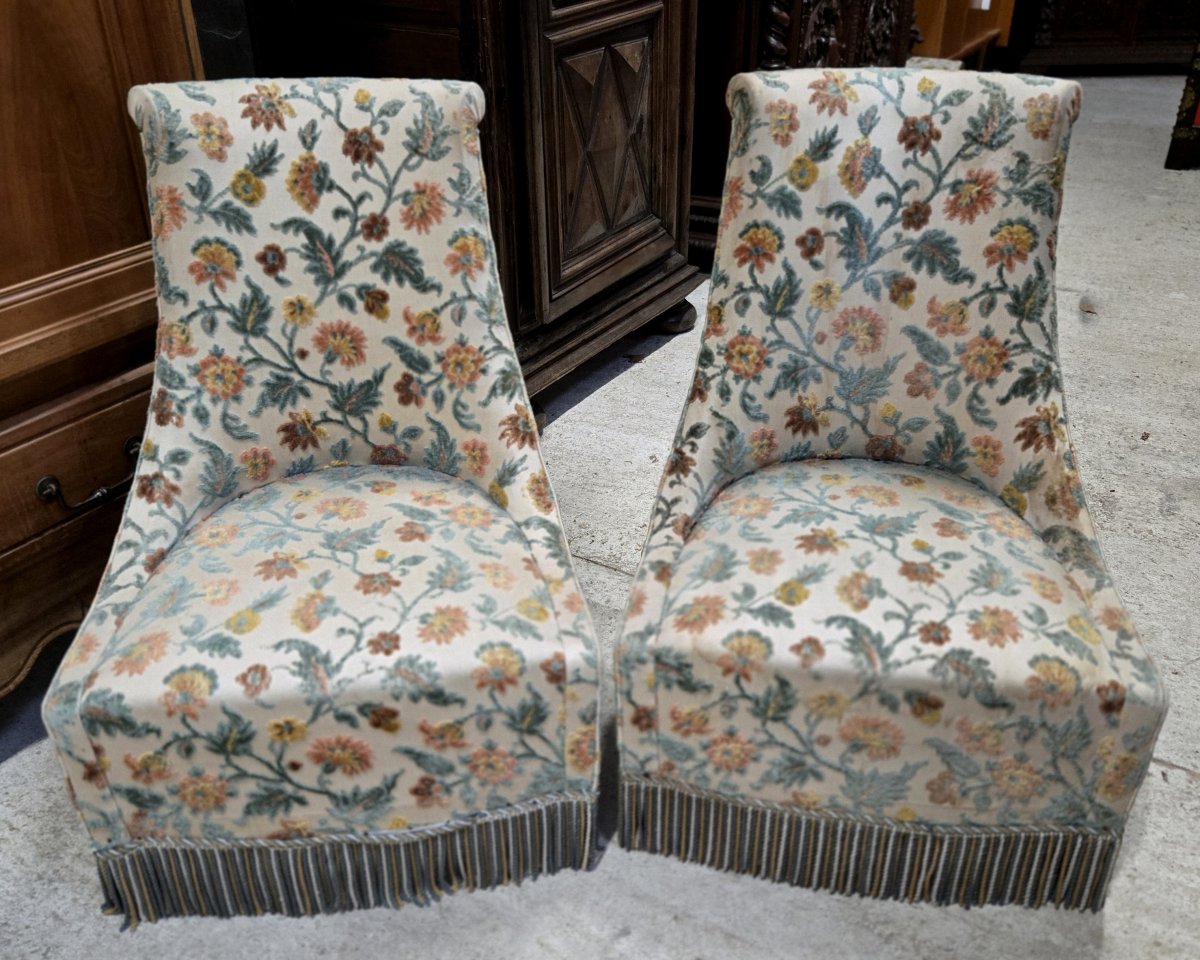 Pair Of Toadstool Armchairs / Napoleon III Style – Floral Fabric – Fringed Skirt -photo-7