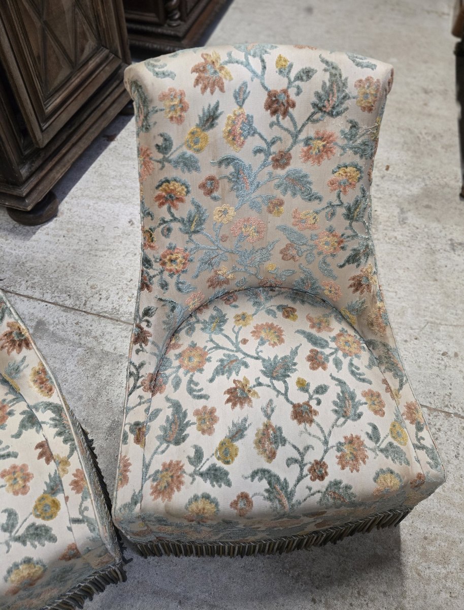Pair Of Toadstool Armchairs / Napoleon III Style – Floral Fabric – Fringed Skirt -photo-8