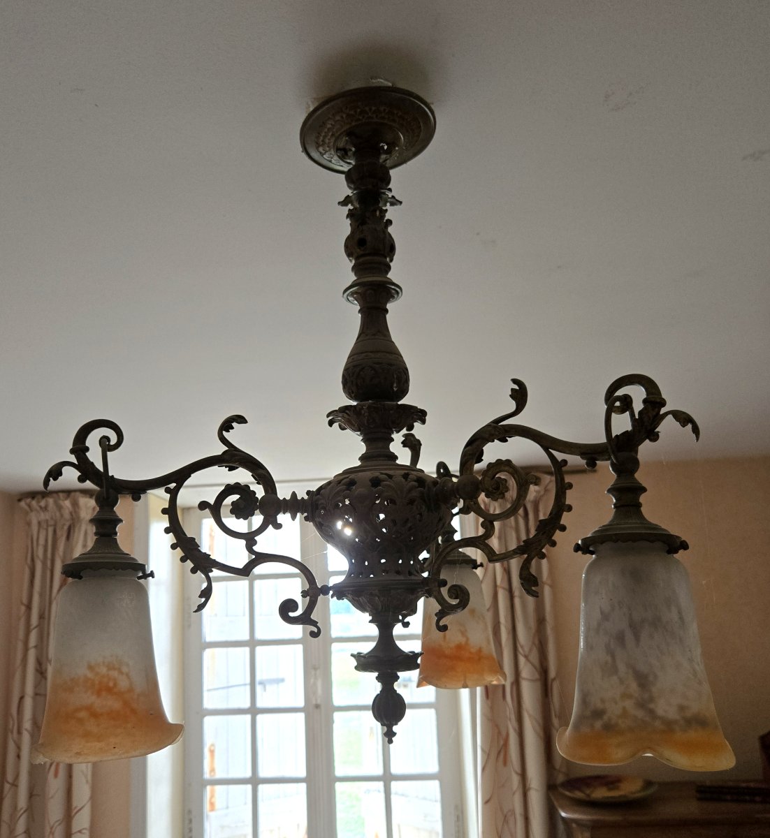 Antique Art Nouveau Chandelier In Gilt Bronze With Glass Paste Shades, Signed Muller-photo-1