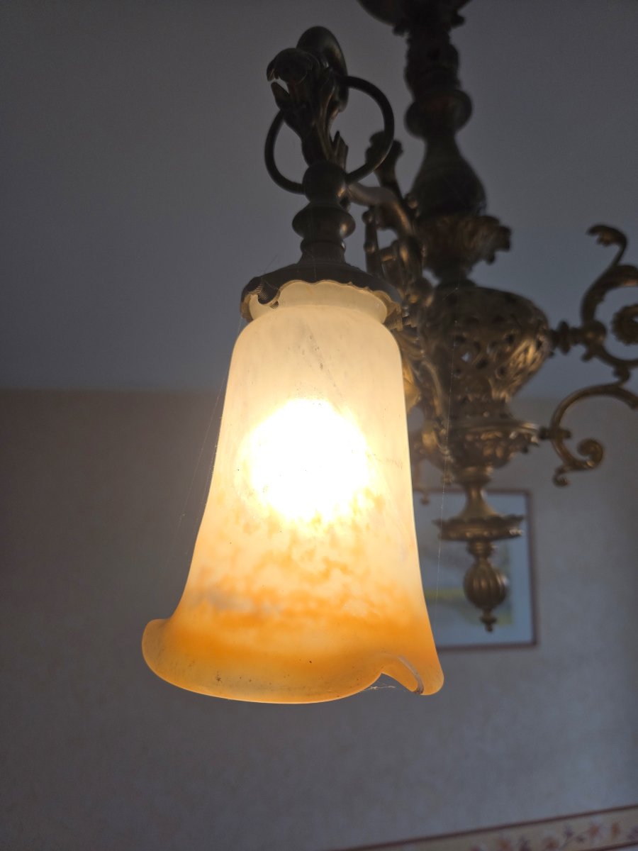 Antique Art Nouveau Chandelier In Gilt Bronze With Glass Paste Shades, Signed Muller-photo-3