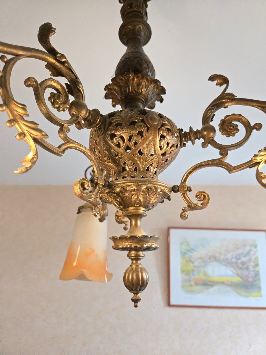 Antique Art Nouveau Chandelier In Gilt Bronze With Glass Paste Shades, Signed Muller-photo-4