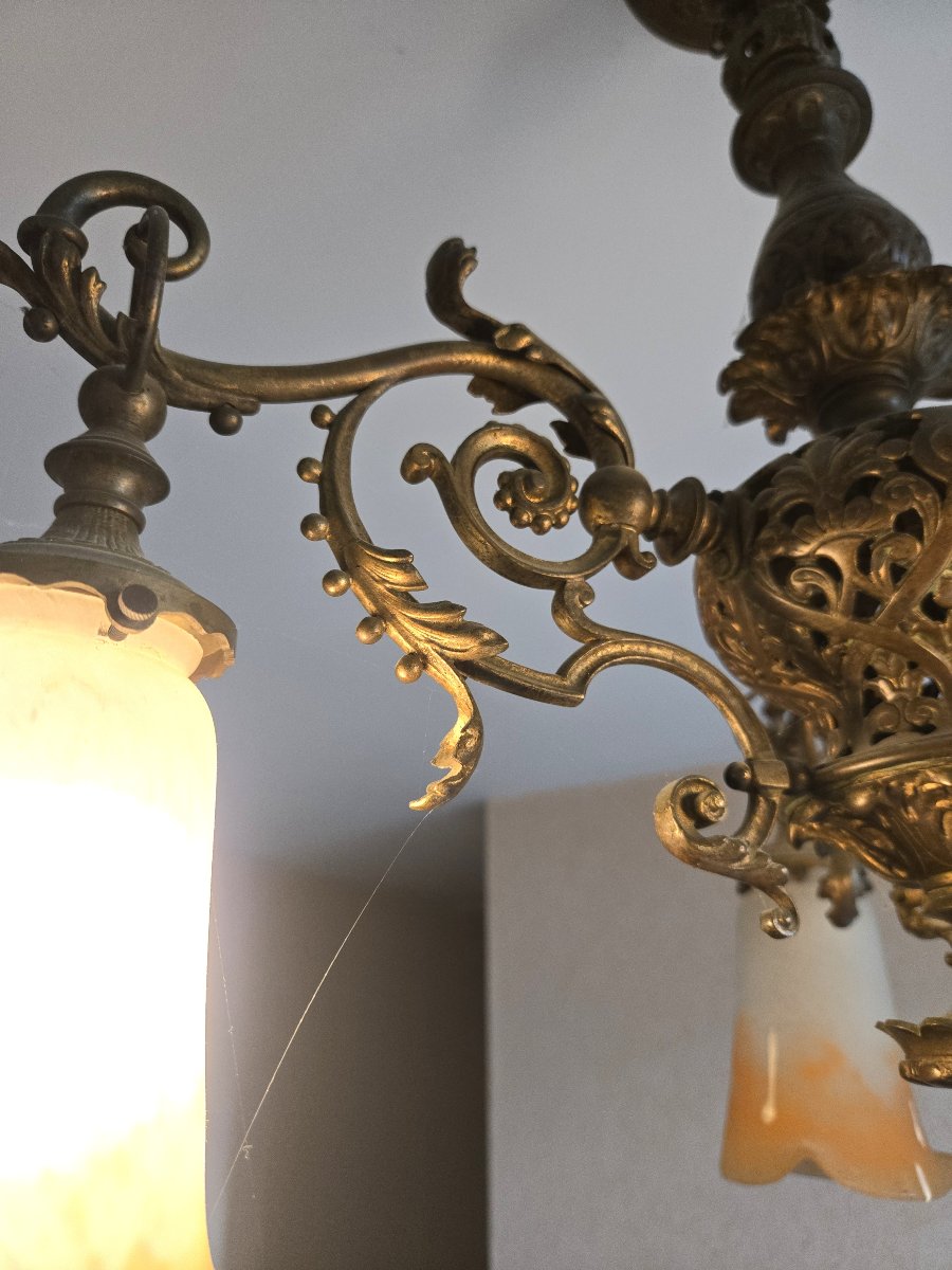 Antique Art Nouveau Chandelier In Gilt Bronze With Glass Paste Shades, Signed Muller-photo-5