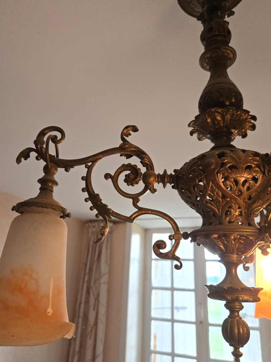Antique Art Nouveau Chandelier In Gilt Bronze With Glass Paste Shades, Signed Muller-photo-6