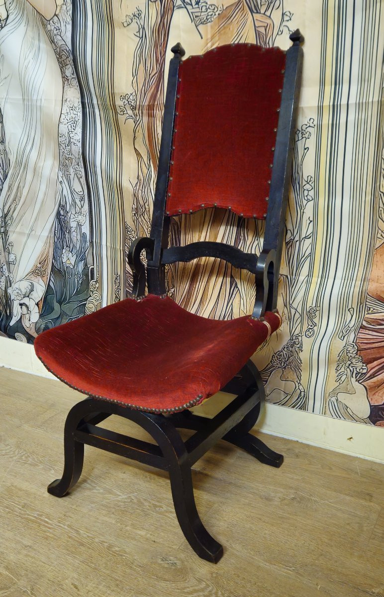 Antique Armchair In The Italian Neo-renaissance/savonarola Style – Red Velvet – Blackened Wood -photo-3
