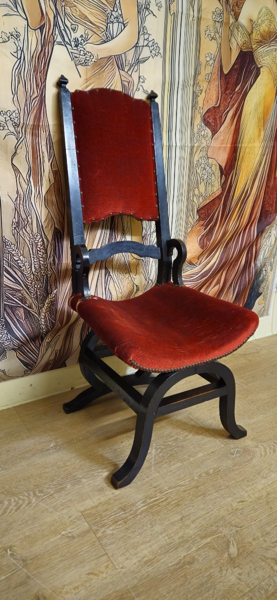 Antique Armchair In The Italian Neo-renaissance/savonarola Style – Red Velvet – Blackened Wood -photo-4
