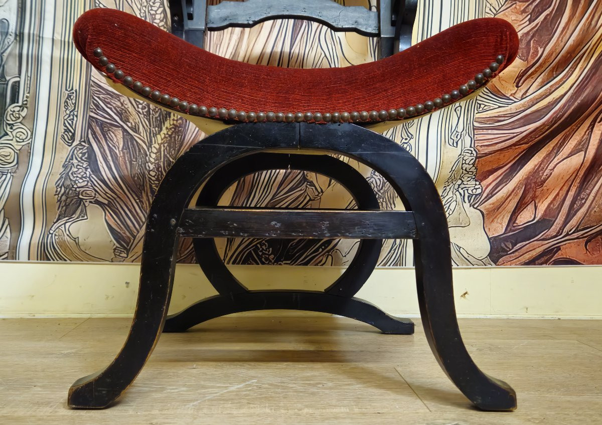 Antique Armchair In The Italian Neo-renaissance/savonarola Style – Red Velvet – Blackened Wood -photo-5