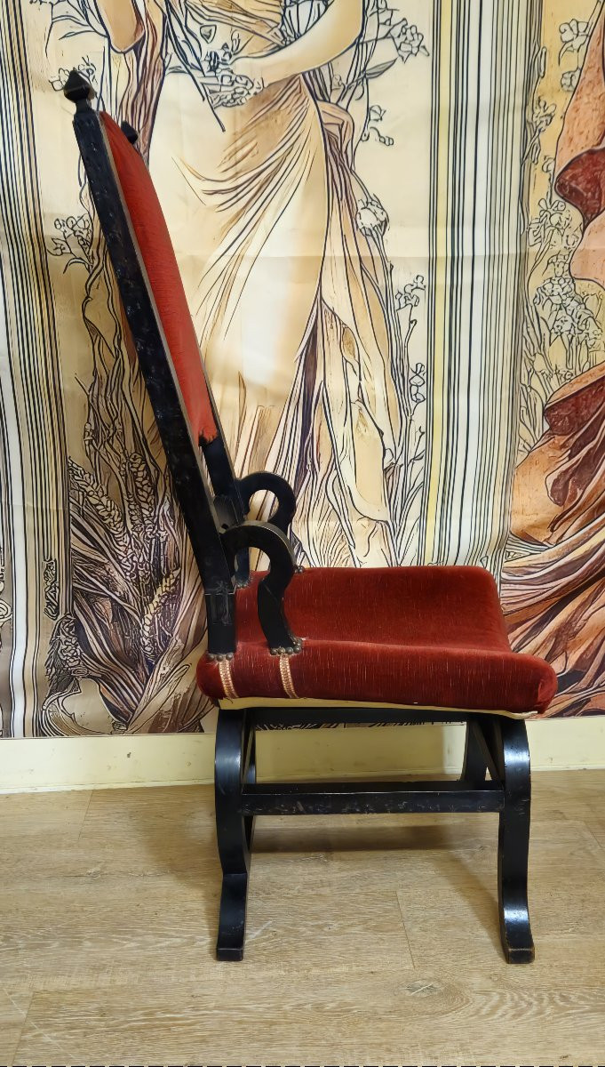 Antique Armchair In The Italian Neo-renaissance/savonarola Style – Red Velvet – Blackened Wood -photo-7