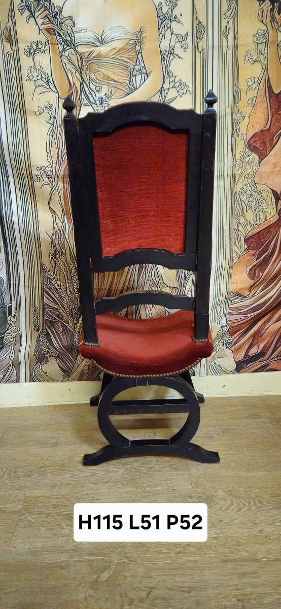 Antique Armchair In The Italian Neo-renaissance/savonarola Style – Red Velvet – Blackened Wood -photo-8