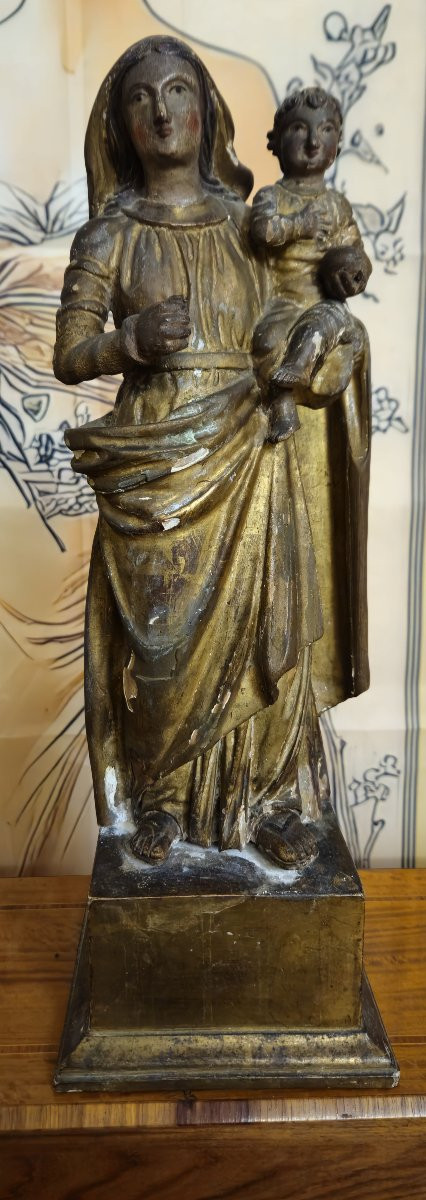 Statue ancienne Vierge à l’Enfant en bois sculpté polychrome et doré -photo-3