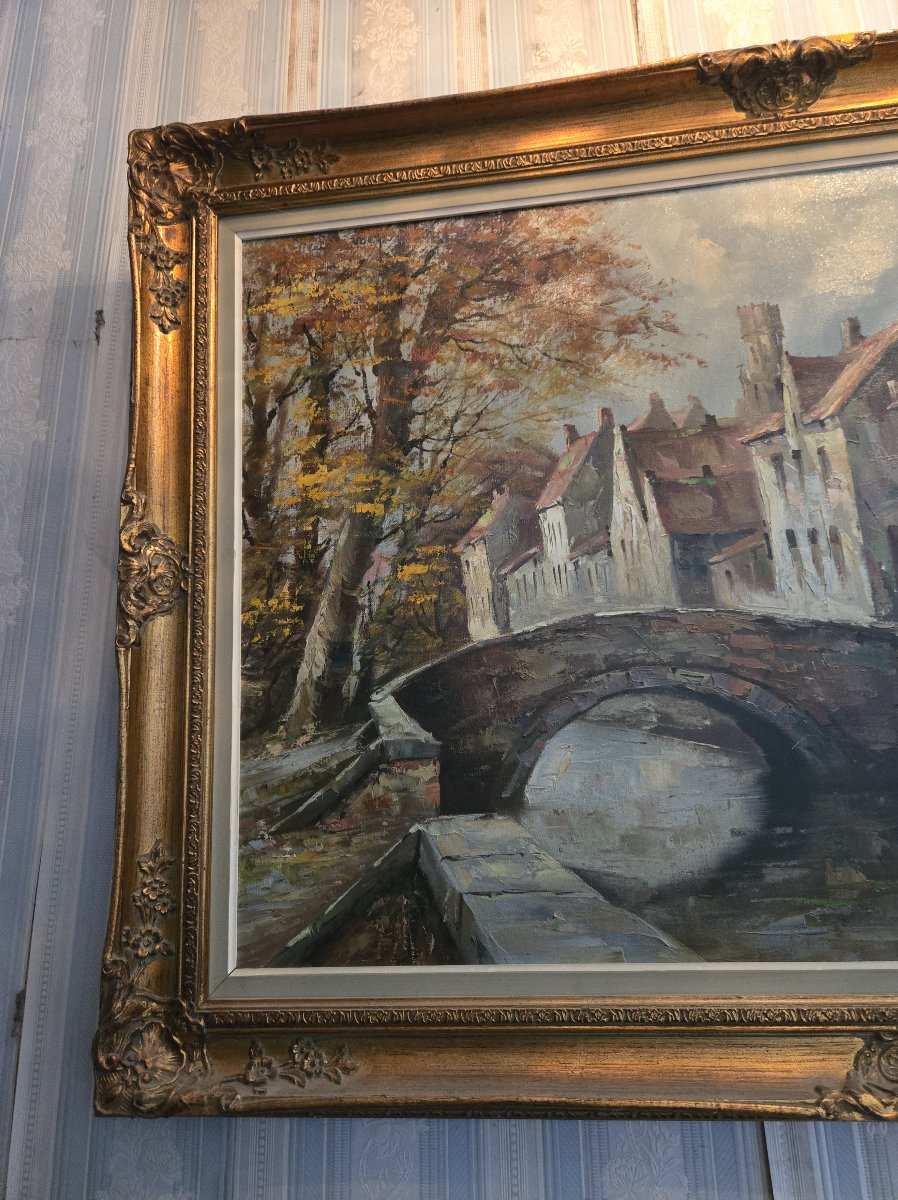 Antique Painting – Oil On Canvas – View Of A District Of Bruges – 20th Century-photo-2