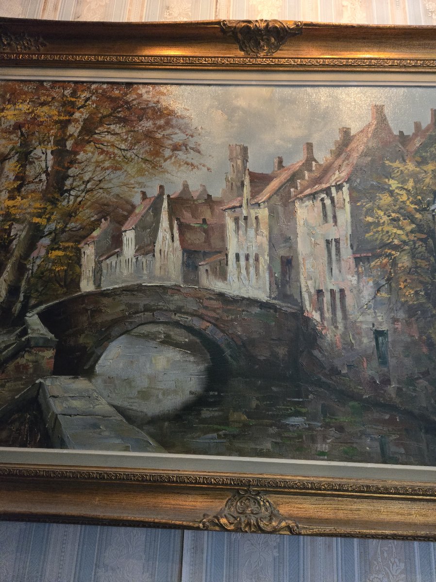 Antique Painting – Oil On Canvas – View Of A District Of Bruges – 20th Century-photo-3