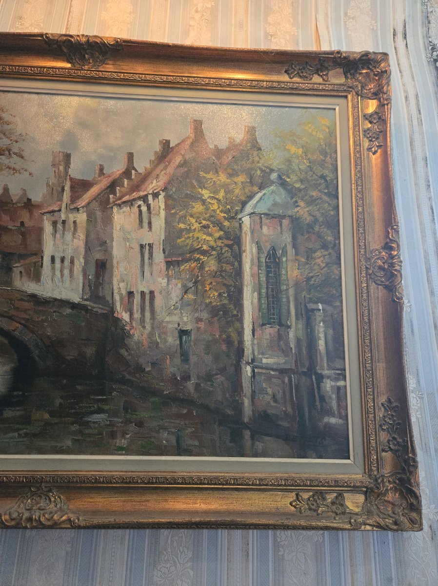 Antique Painting – Oil On Canvas – View Of A District Of Bruges – 20th Century-photo-4