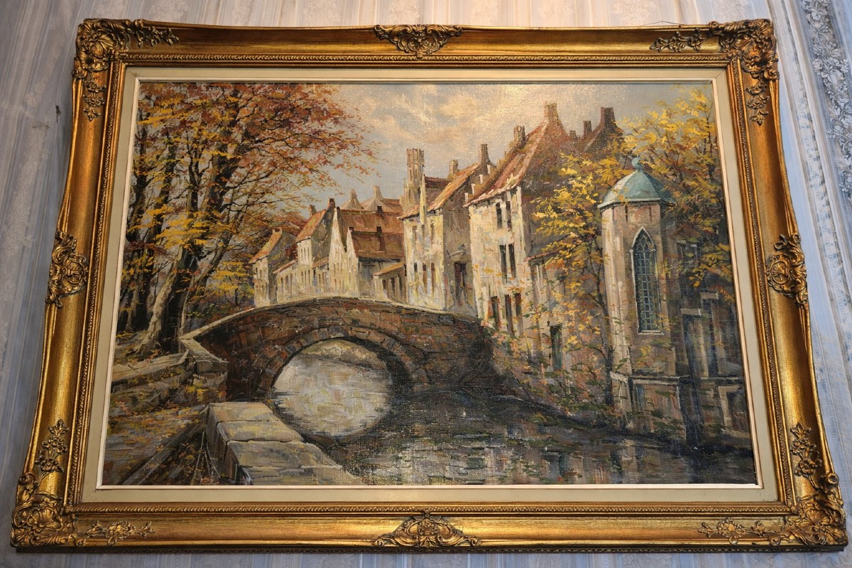 Antique Painting – Oil On Canvas – View Of A District Of Bruges – 20th Century