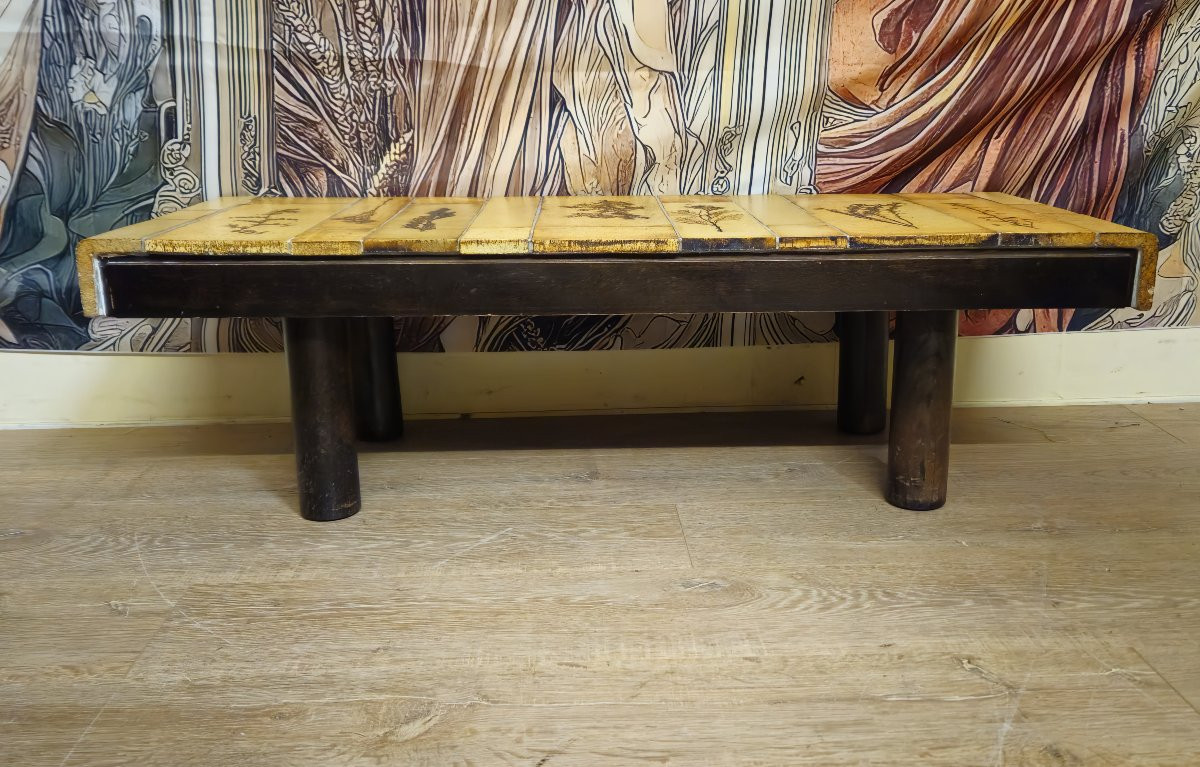 Table basse vintage en céramique – Roger Capron Vallauris – Décor herbier – Années 50/60 -photo-1