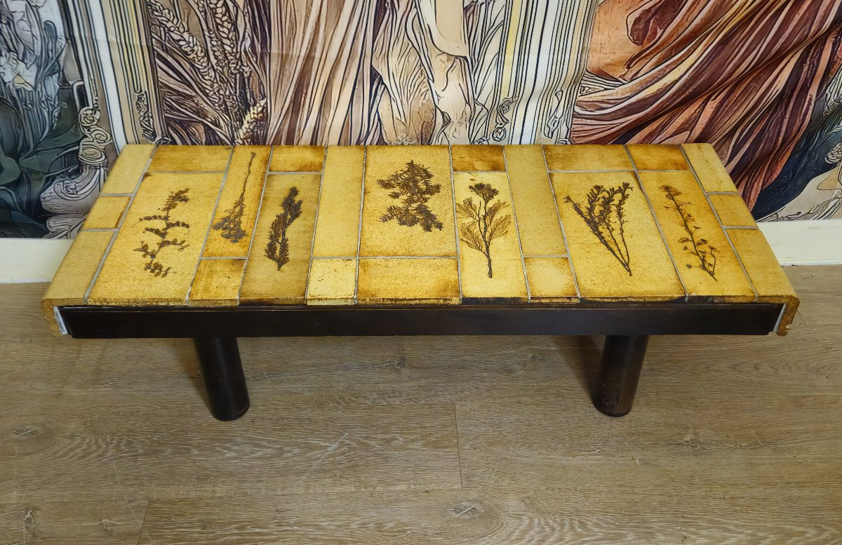 Table basse vintage en céramique – Roger Capron Vallauris – Décor herbier – Années 50/60 -photo-2