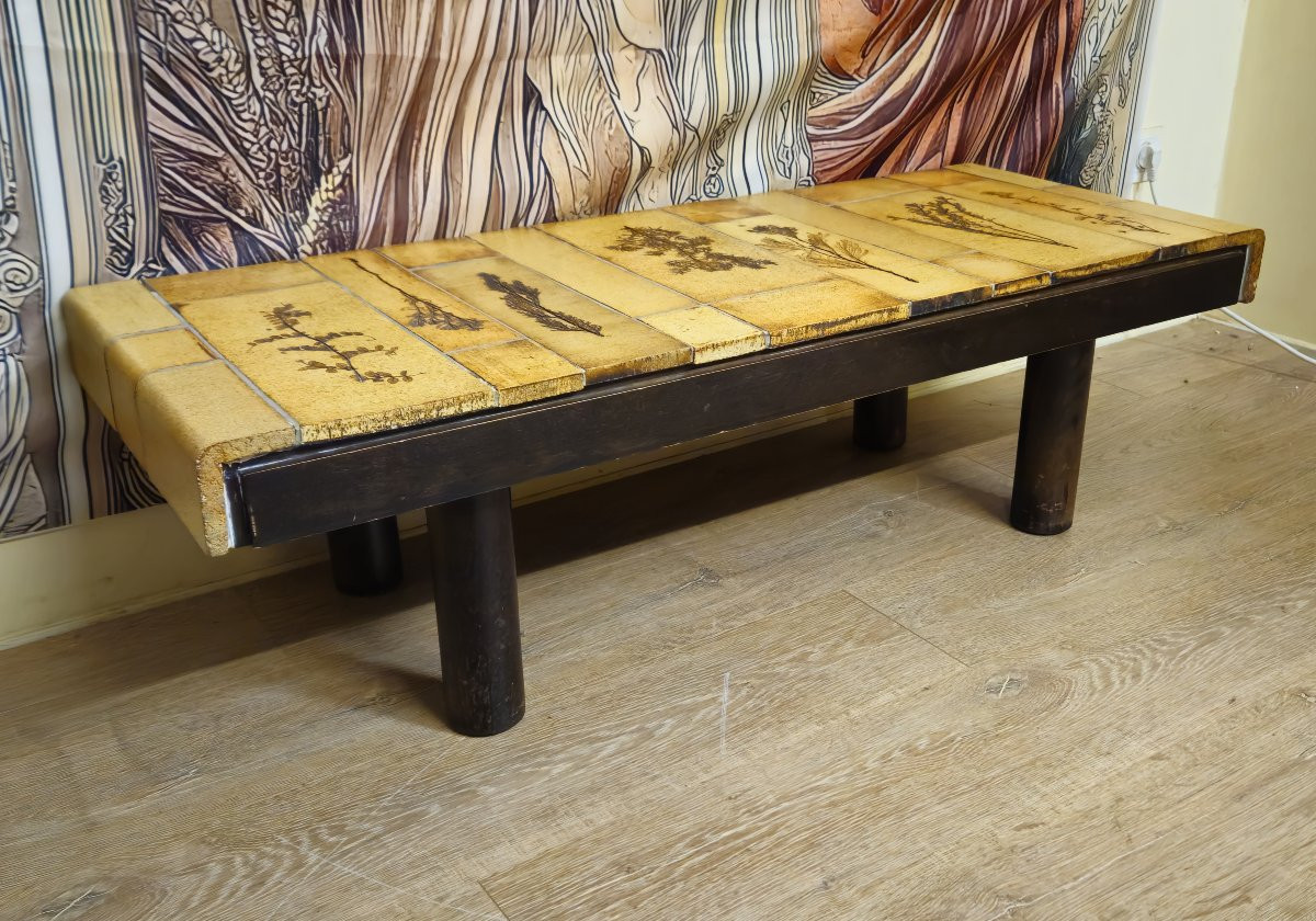 Table basse vintage en céramique – Roger Capron Vallauris – Décor herbier – Années 50/60 -photo-3