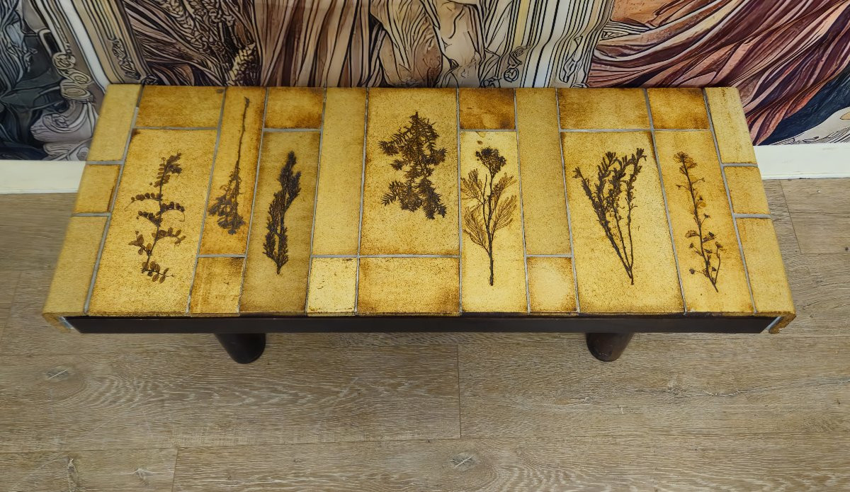 Table basse vintage en céramique – Roger Capron Vallauris – Décor herbier – Années 50/60 -photo-5