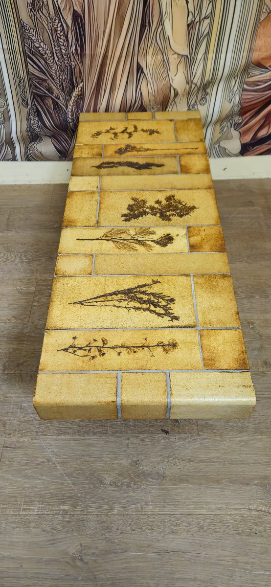 Table basse vintage en céramique – Roger Capron Vallauris – Décor herbier – Années 50/60 -photo-6