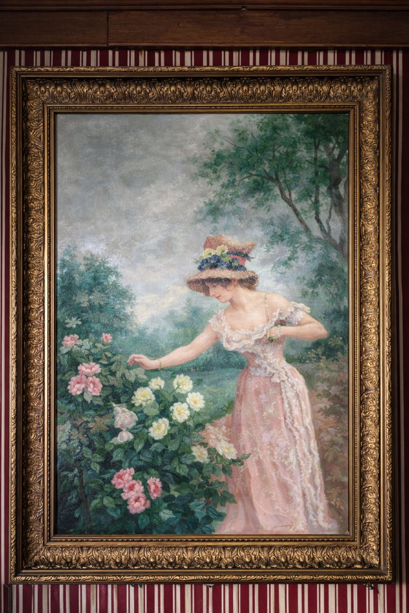 Immense Huile sur toile – Jeune femme aux roses - époque Art Nouveau – Trés Grand format-photo-5