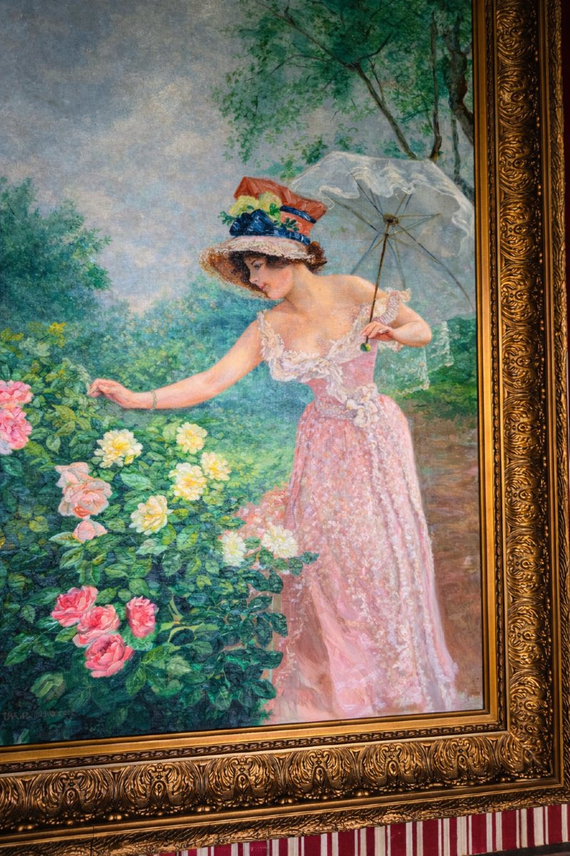 Immense Huile sur toile – Jeune femme aux roses - époque Art Nouveau – Trés Grand format-photo-6