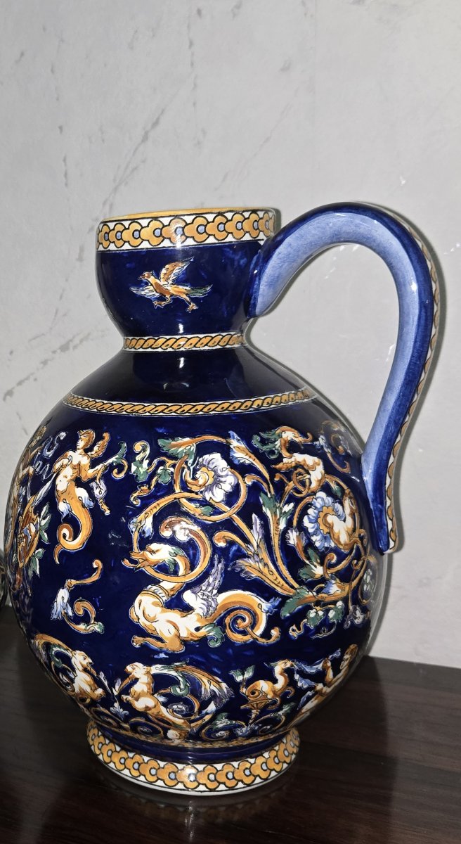 Large Decorative Earthenware Ewer/pitcher – Gien France-photo-5