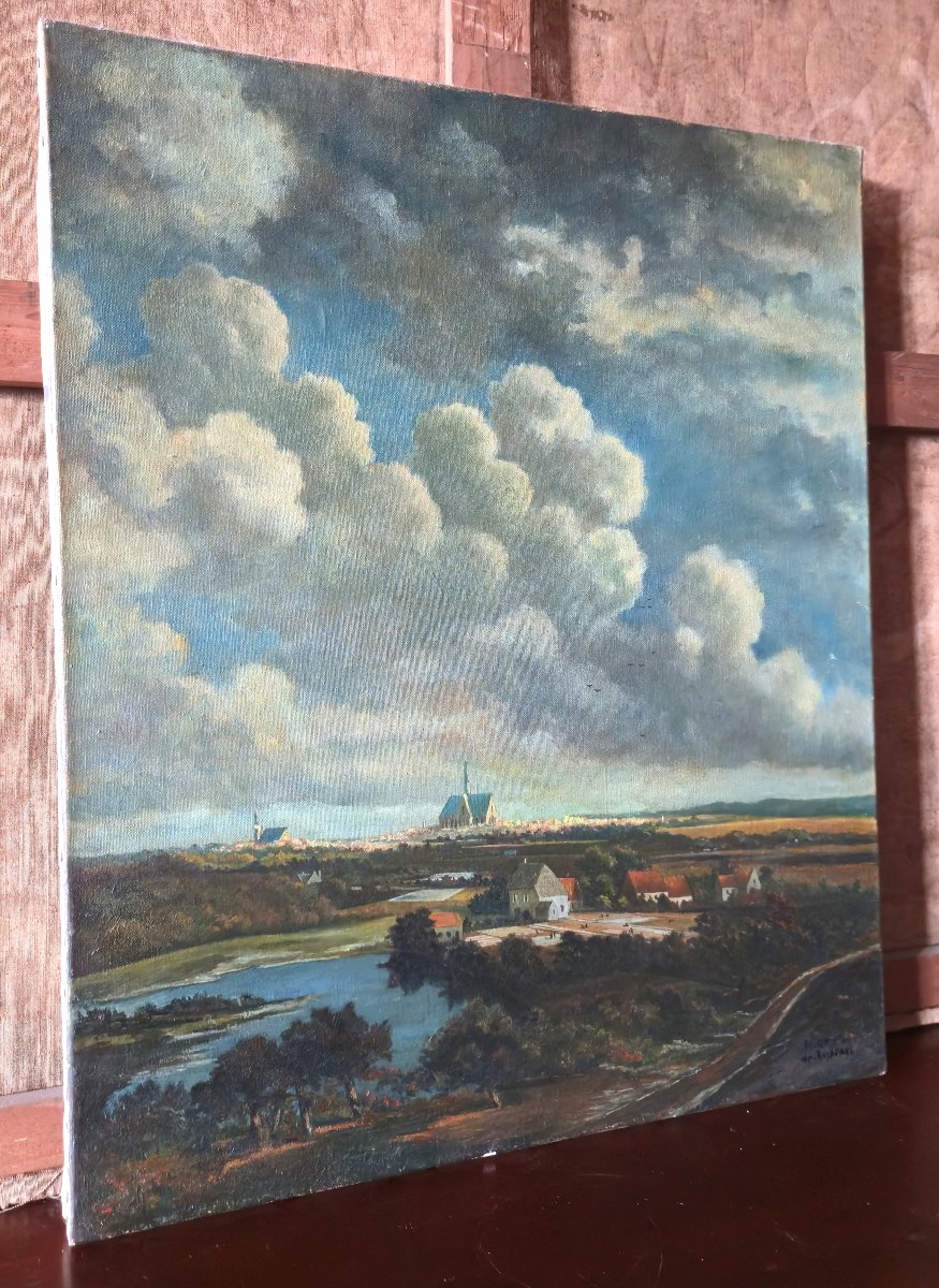 Huile sur toile – Paysage Hollandais animé dans le goût de Ruisdael - XXeme-photo-1