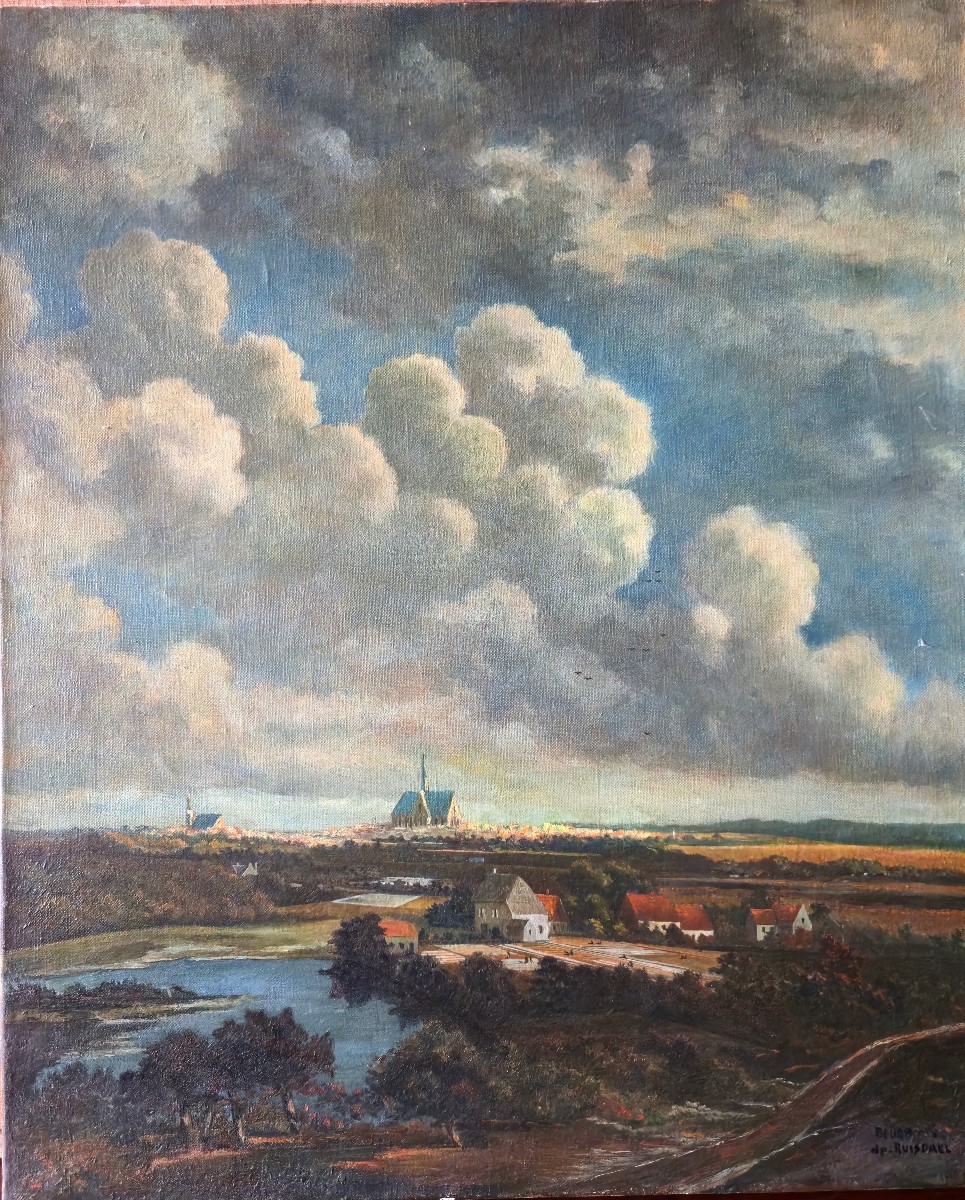 Huile sur toile – Paysage Hollandais animé dans le goût de Ruisdael - XXeme
