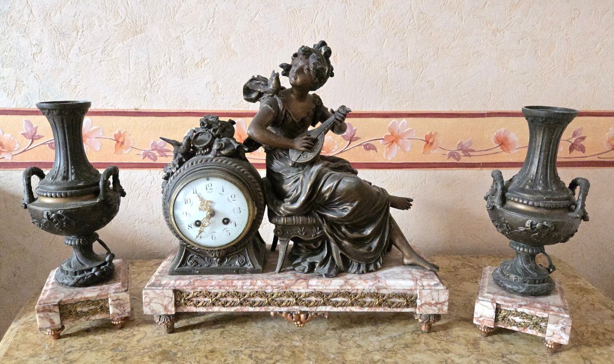 Antique Clock Case In Patinated Spelter And Marble – Musical Allegorical Subject -photo-2