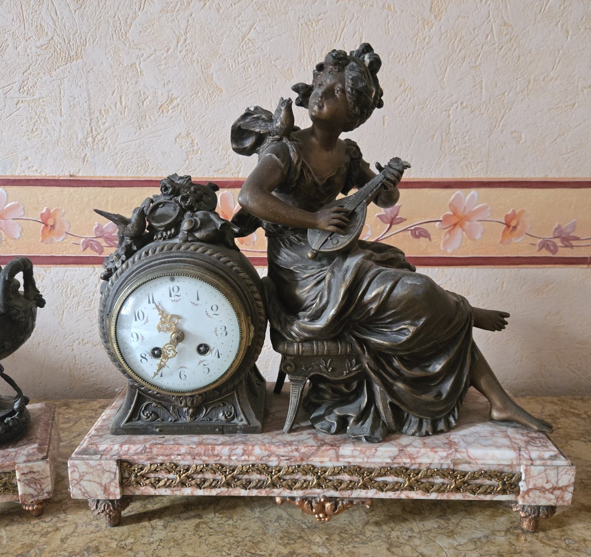 Antique Clock Case In Patinated Spelter And Marble – Musical Allegorical Subject -photo-3