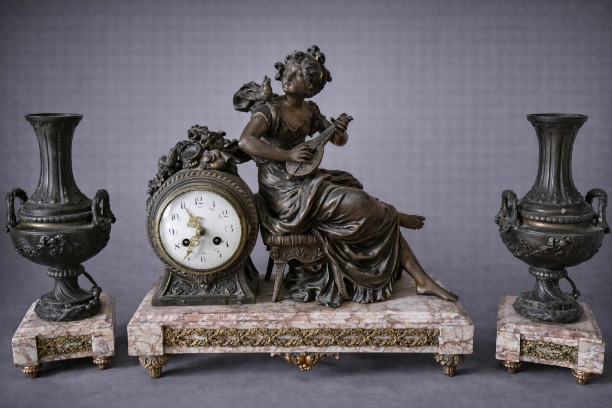 Antique Clock Case In Patinated Spelter And Marble – Musical Allegorical Subject 