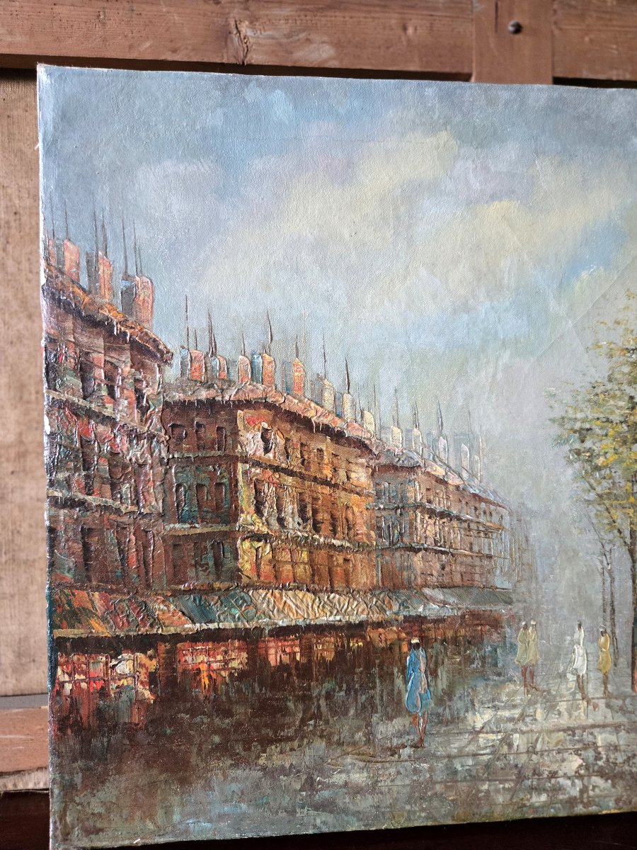 Oil On Canvas – Lively View Of Paris – H 41 X W 51 Cm – 20th Century  -photo-3