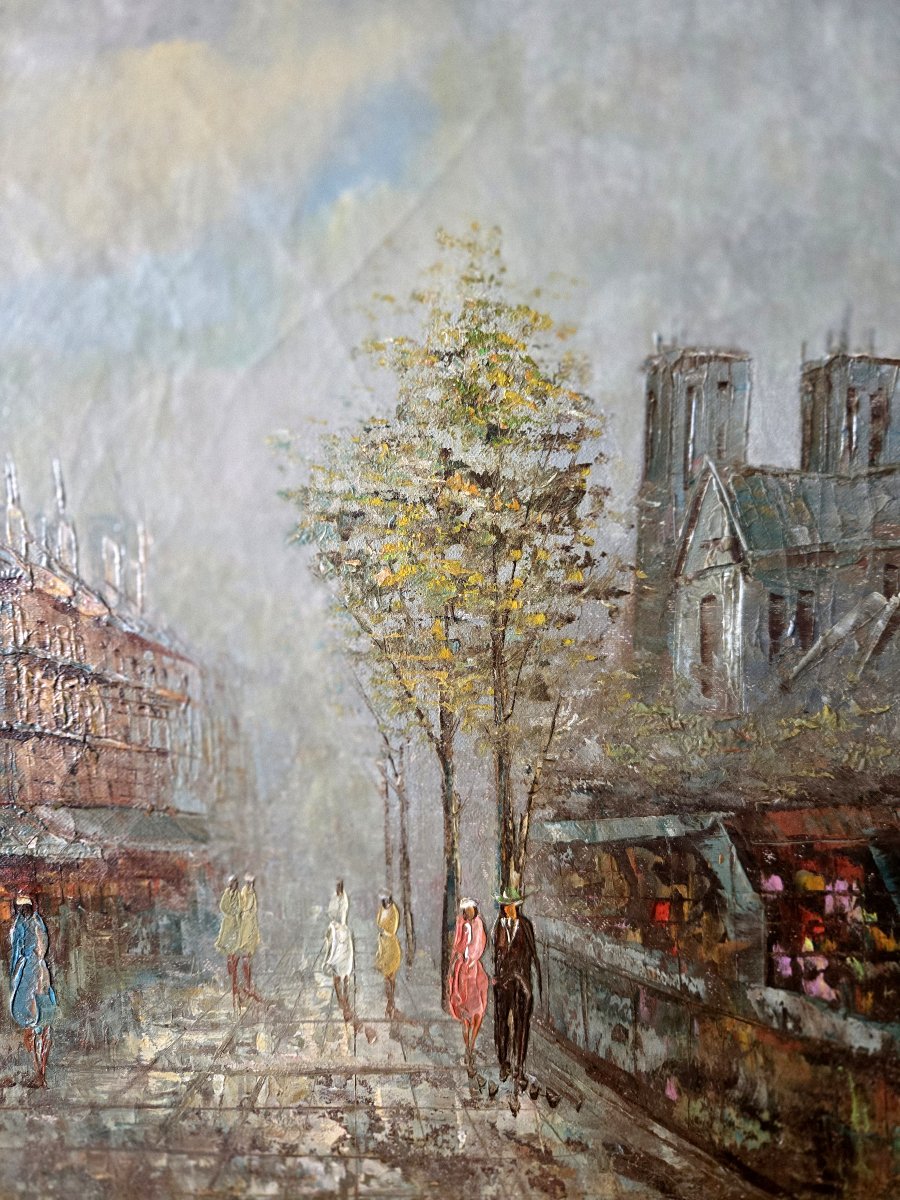 Oil On Canvas – Lively View Of Paris – H 41 X W 51 Cm – 20th Century  -photo-4