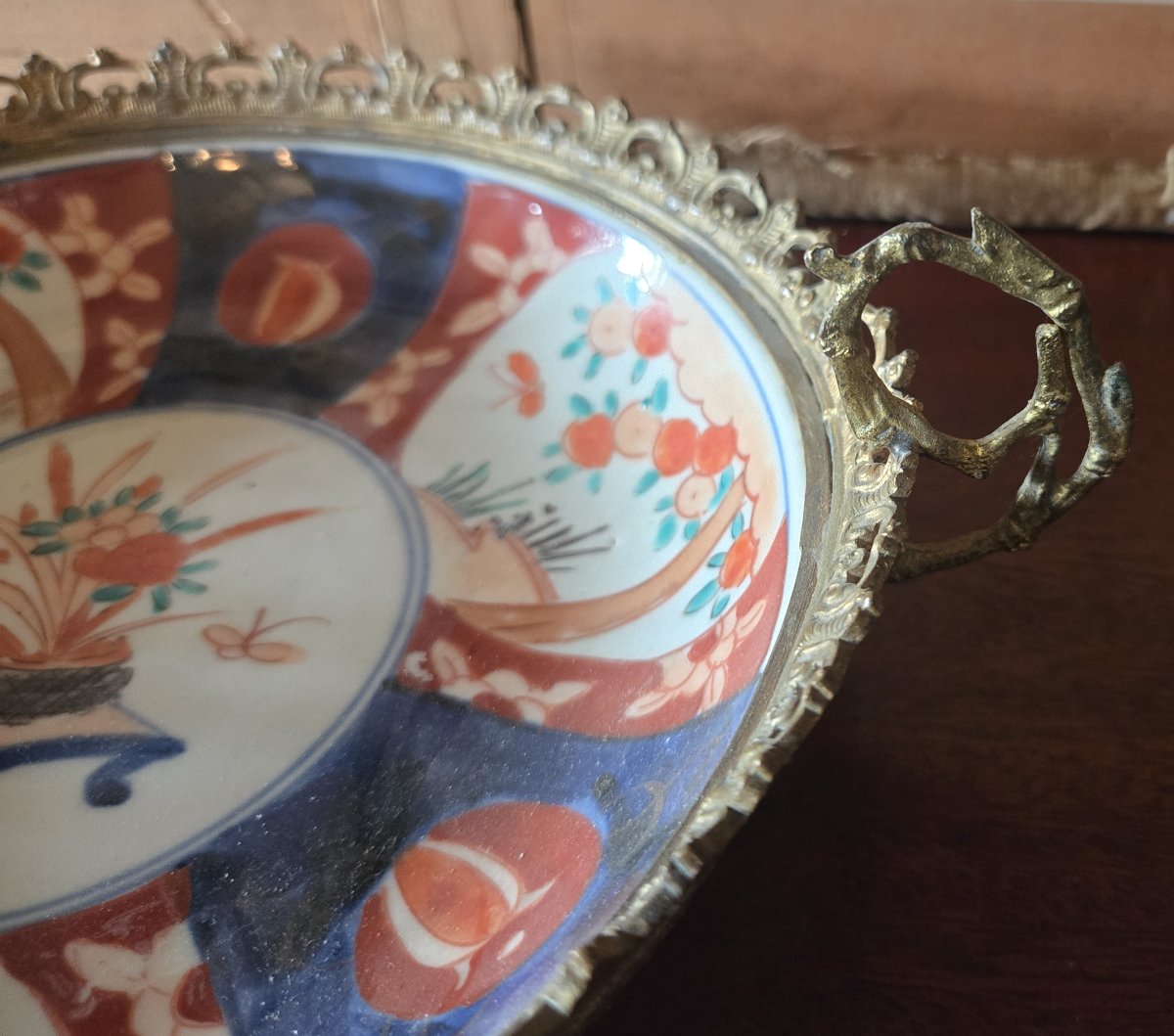 Large Polychrome Porcelain Platter Mounted In Bronze – Floral And Fruit Decoration -photo-3