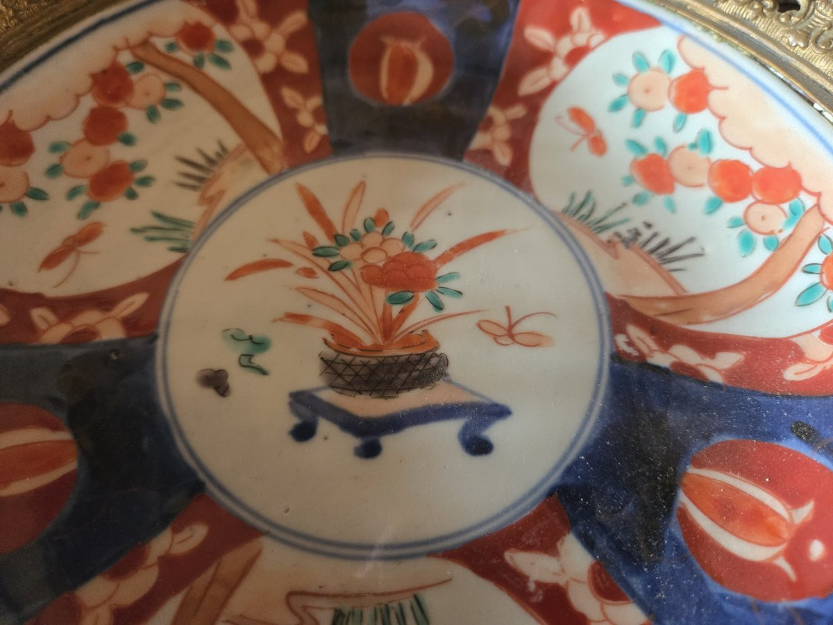 Large Polychrome Porcelain Platter Mounted In Bronze – Floral And Fruit Decoration -photo-4