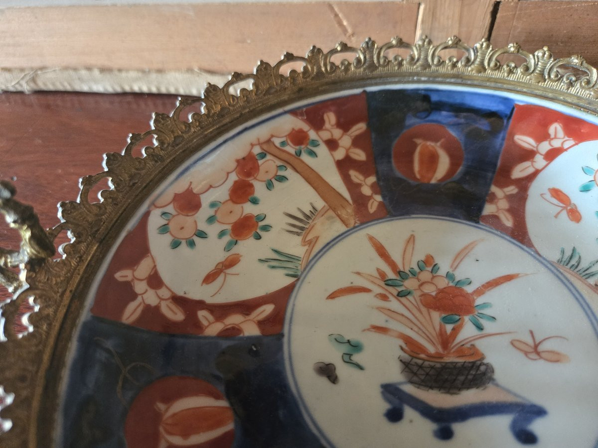Large Polychrome Porcelain Platter Mounted In Bronze – Floral And Fruit Decoration -photo-5