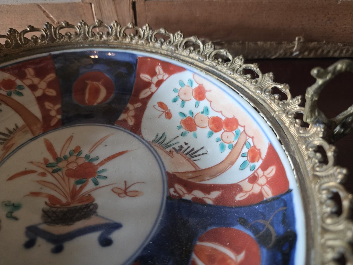 Large Polychrome Porcelain Platter Mounted In Bronze – Floral And Fruit Decoration -photo-6