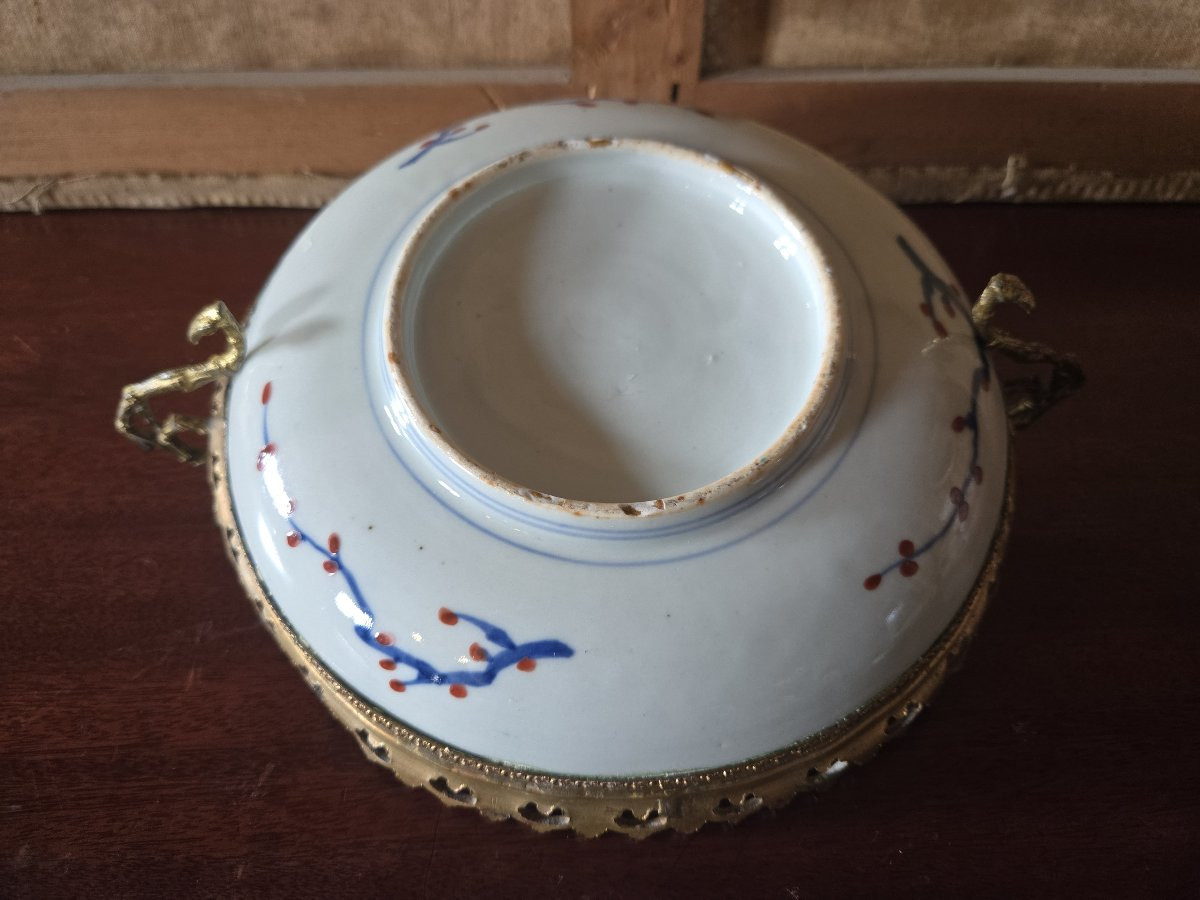 Large Polychrome Porcelain Platter Mounted In Bronze – Floral And Fruit Decoration -photo-7