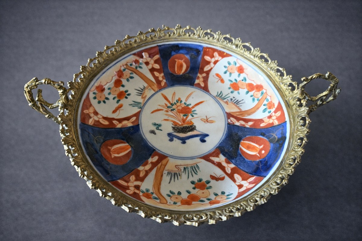 Large Polychrome Porcelain Platter Mounted In Bronze – Floral And Fruit Decoration 